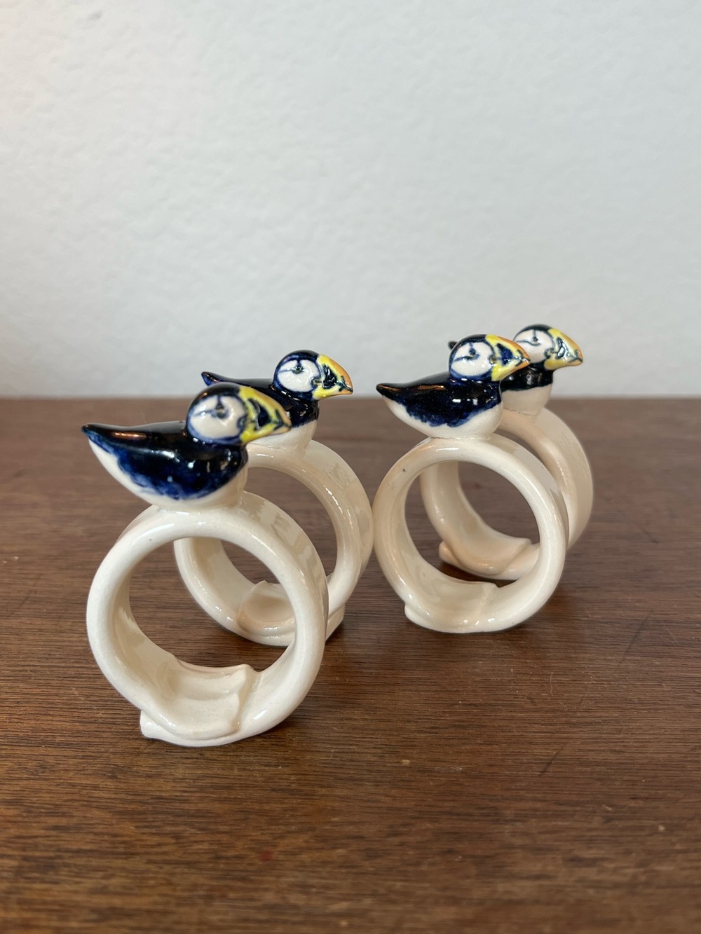 Vintage Ceramic Puffin Napkin Ring Set - White and Navy
